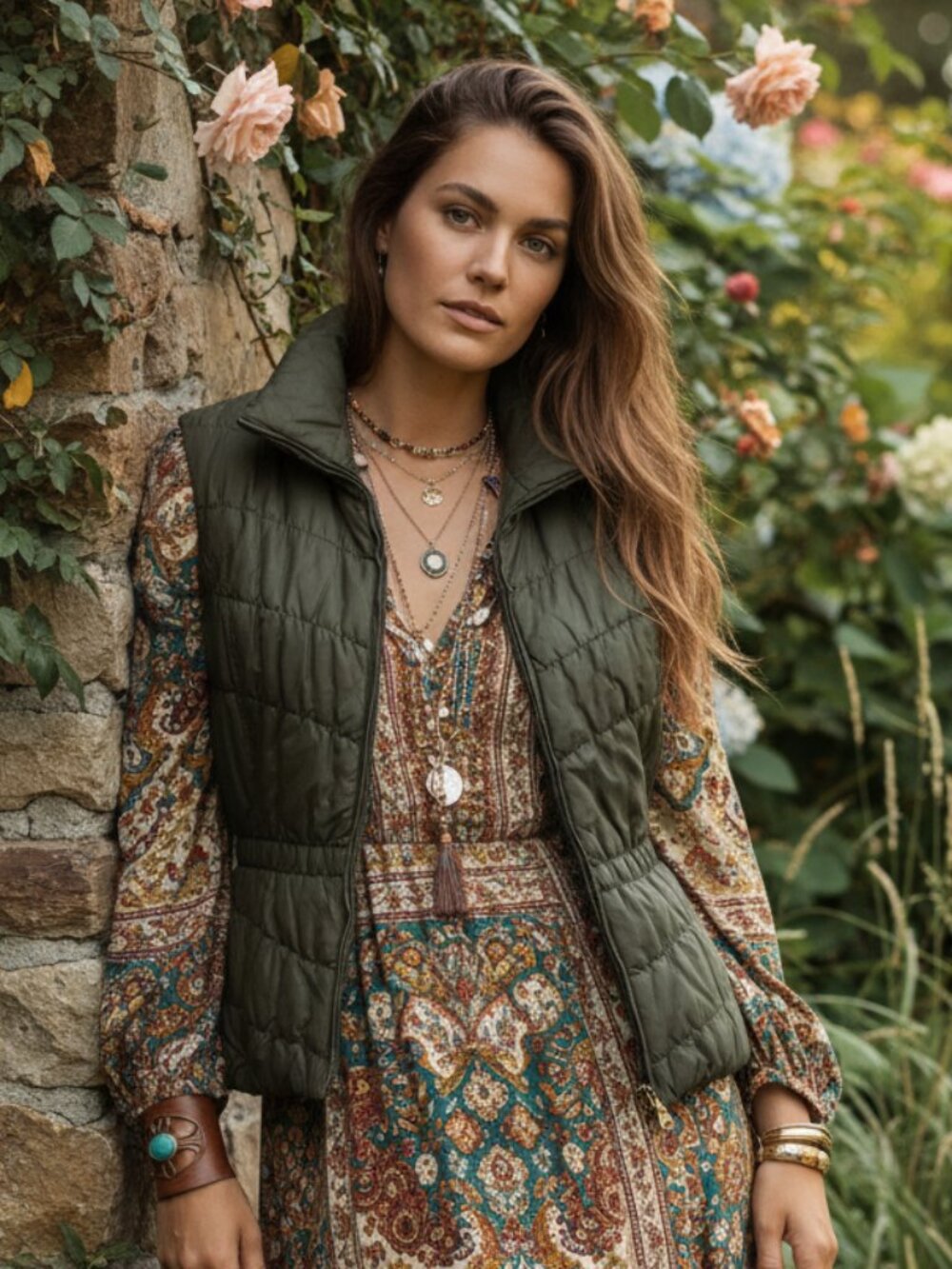 Coldwater Creek XS Puffer Vest Green Gorpcore Earthy Cozy Cabin Rustic Granola